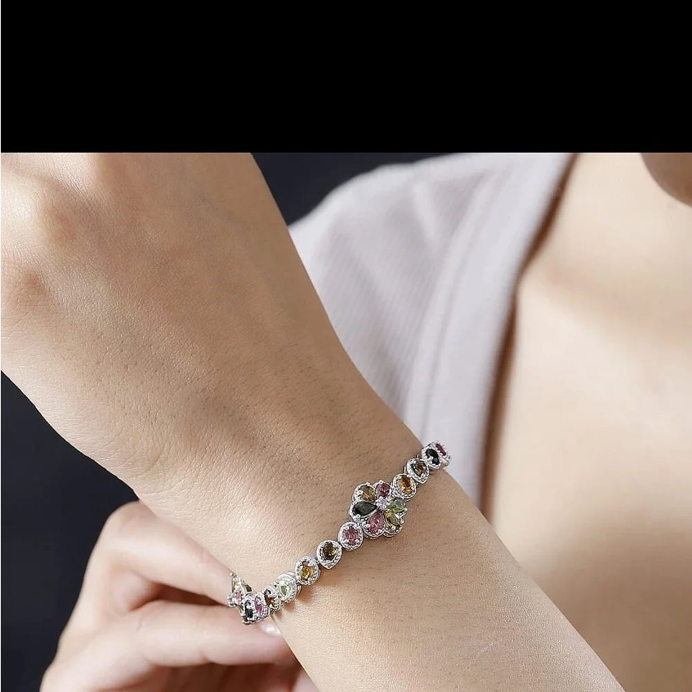 Multi-Tourmaline 8.6ctw Floral Sterling Silver Bracelet